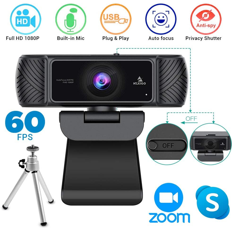 List the webcam function and accessories, such as autofocus, privacy shutter, and tripod.