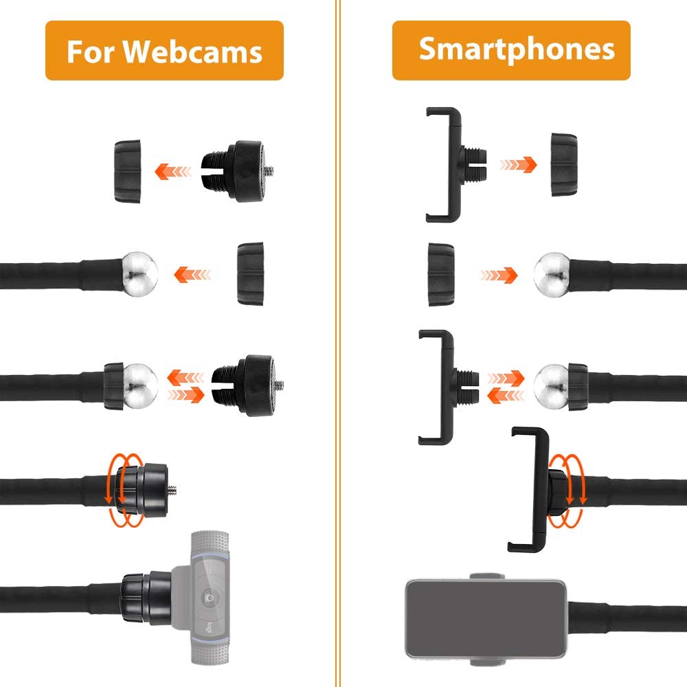 The stand supports both webcam and mobile phone, come with different types of stand heads.