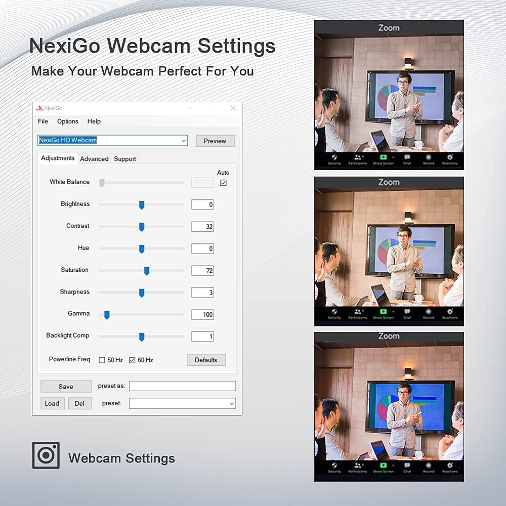 Adjust webcam settings through NexiGo Webcam Settings for optimal parameters.