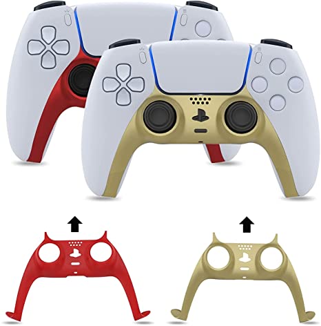 Red and gold PS5 controller faceplates.