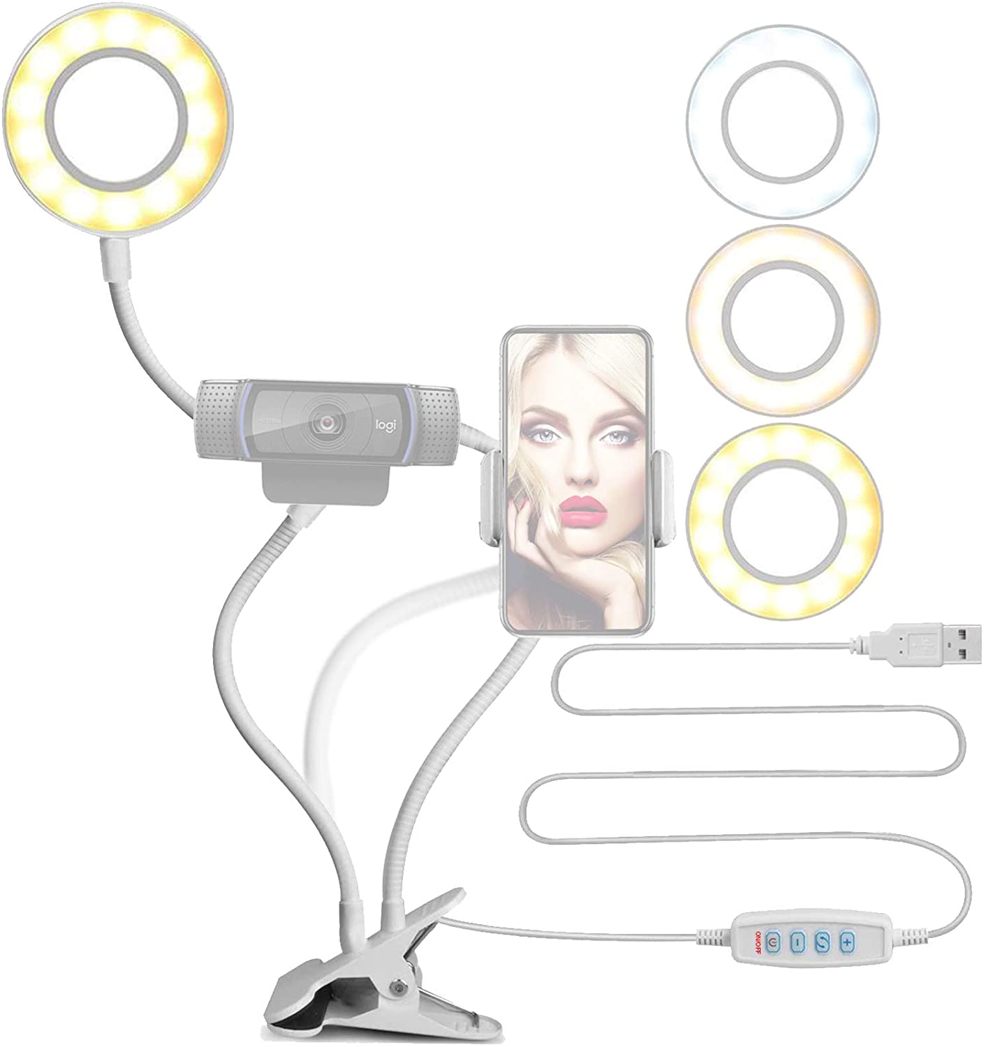 Single Ring Light with 3 Lighting Modes and phone/webcam holder (White)