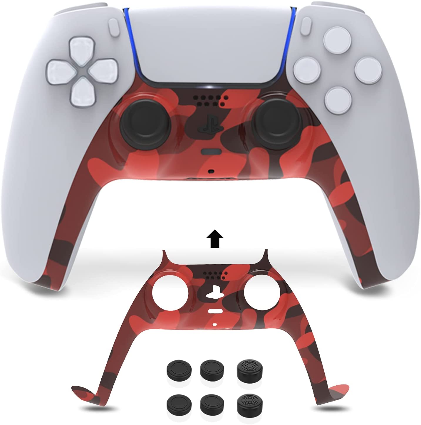 Red camouflage PS5 controller faceplates are available, along with three pairs of replacement joystick caps.