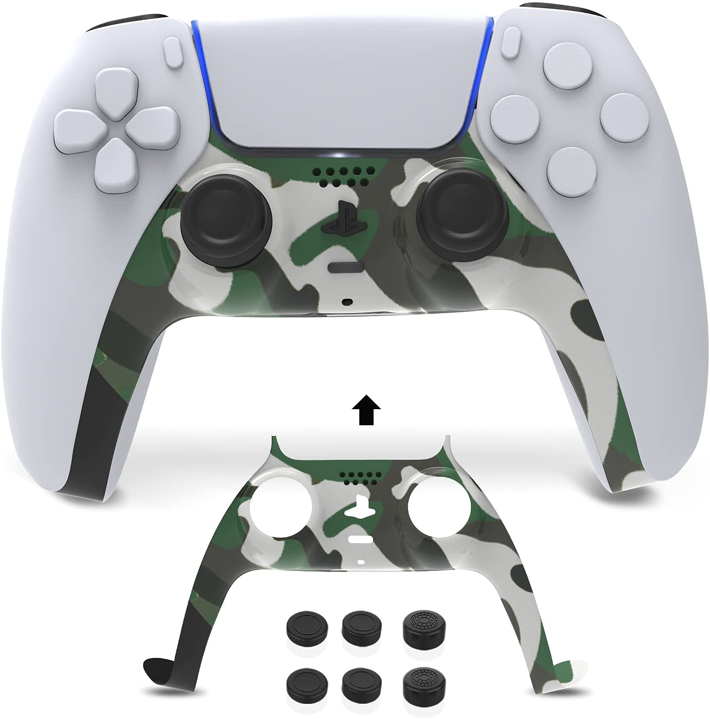 Green camouflage PS5 controller faceplates are available, along with three pairs of replacement joystick caps.