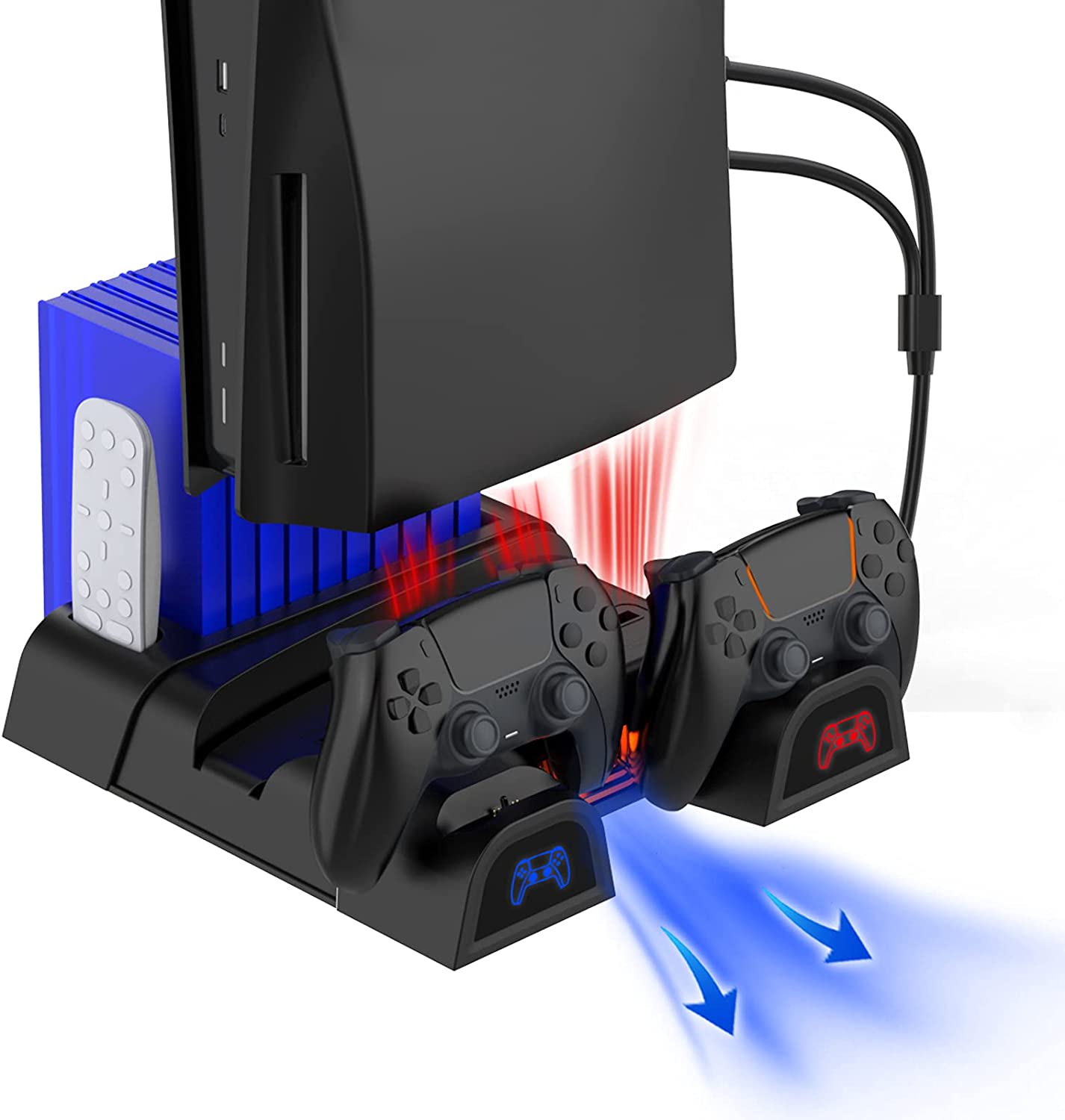 The black NexiGo 05100 charging stand charges PS5 controllers and dissipates heat for the console.