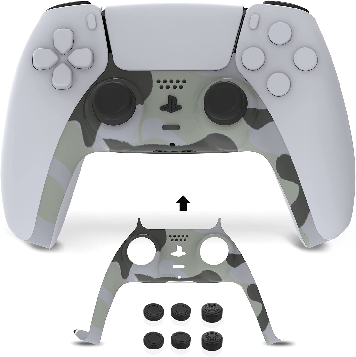 Silver camouflage PS5 controller faceplates are available, along with three pairs of replacement joystick caps.