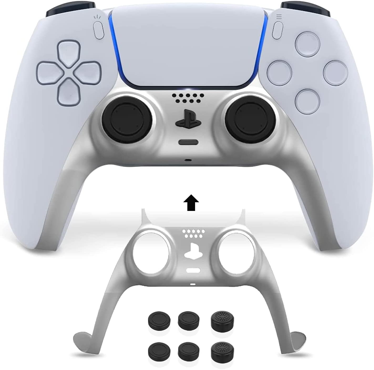 Silver PS5 controller faceplates are available, along with three pairs of replacement joystick caps.