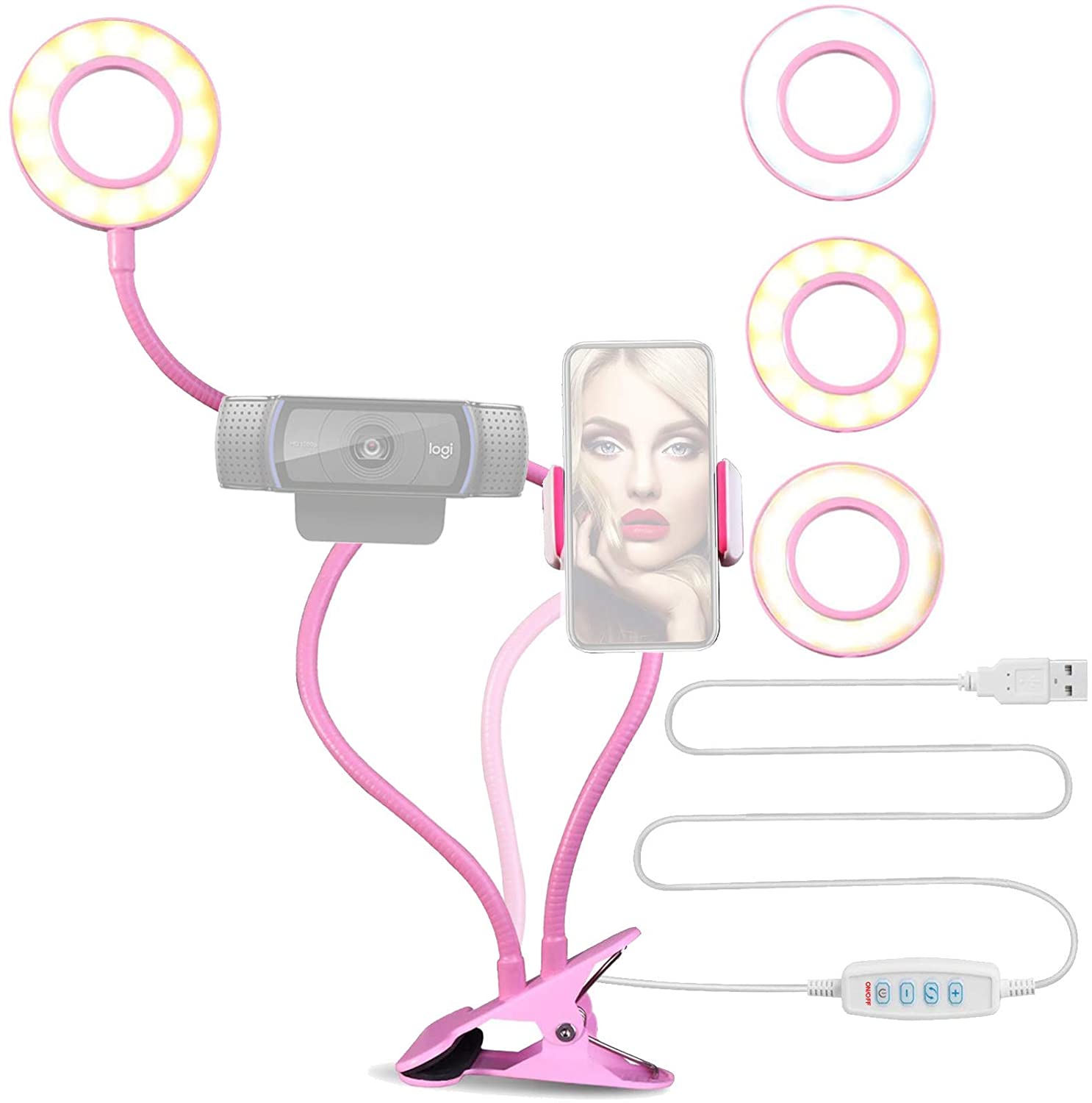 Single Ring Light with 3 Lighting Modes and phone/webcam holder (Pink)