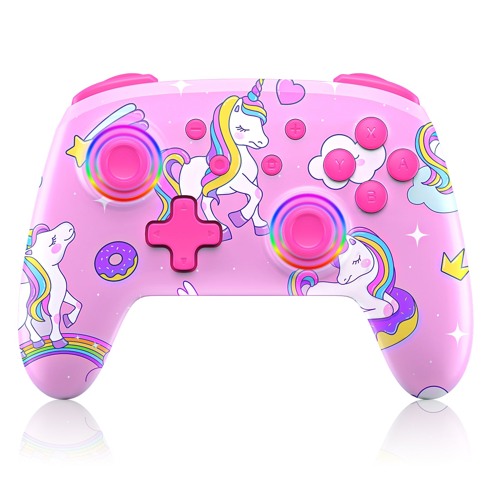 The image displays a Bluetooth controller with a pink unicorn skin