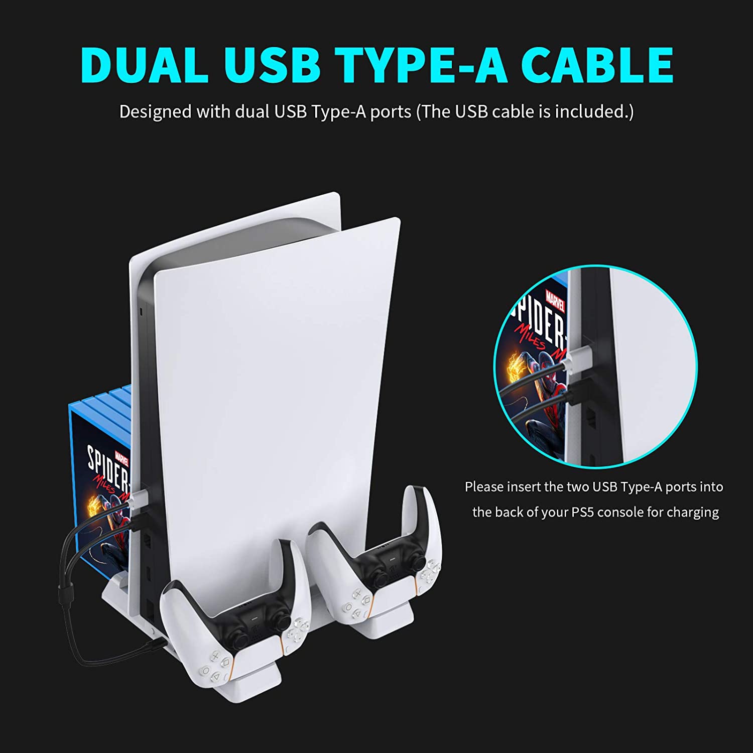 The cable with two USB-A ports can connect to the PS5 console to power the vertical stand and charge the controllers.