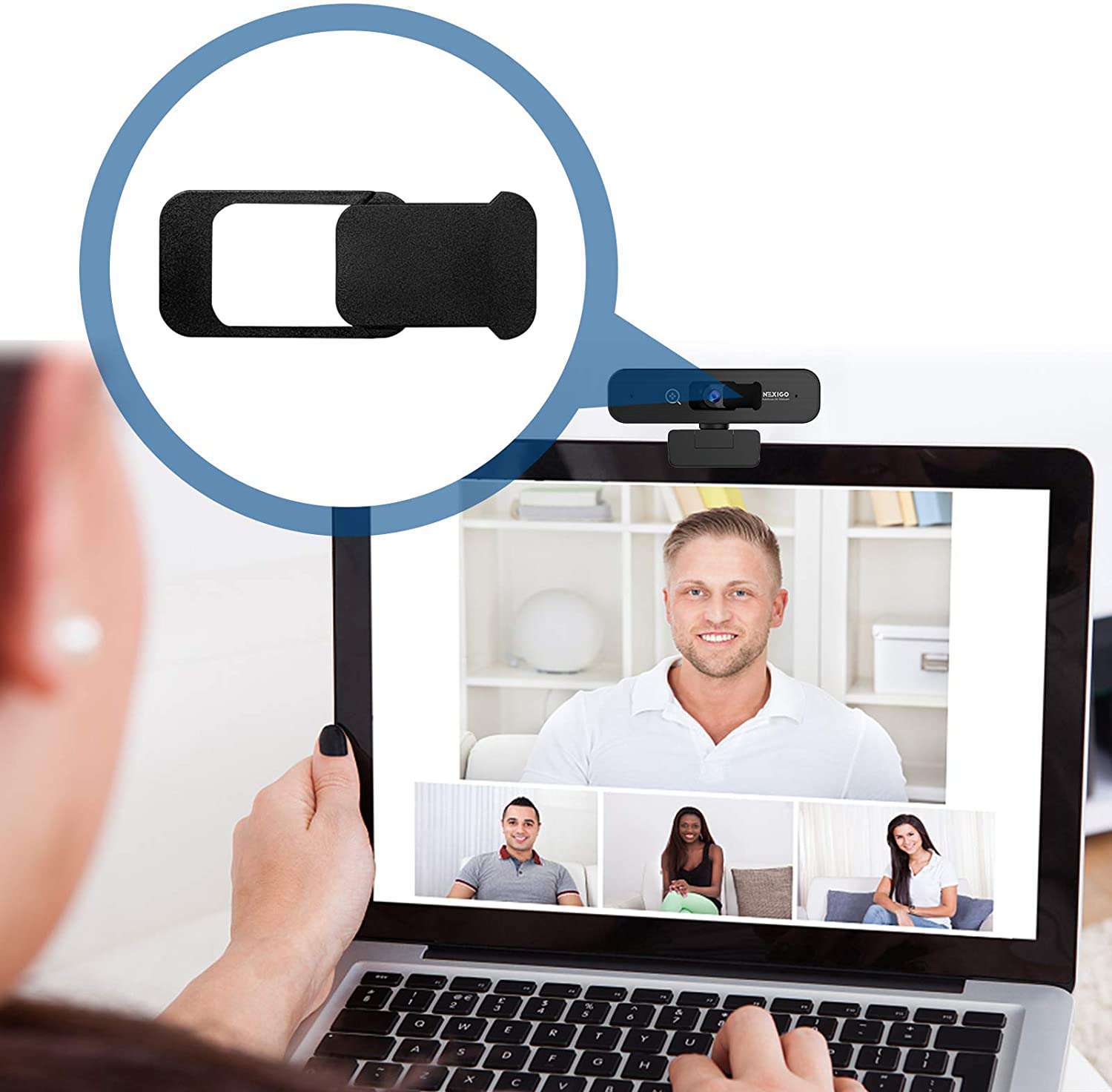 A group using NexiGo webcam with privacy cover for video chat.