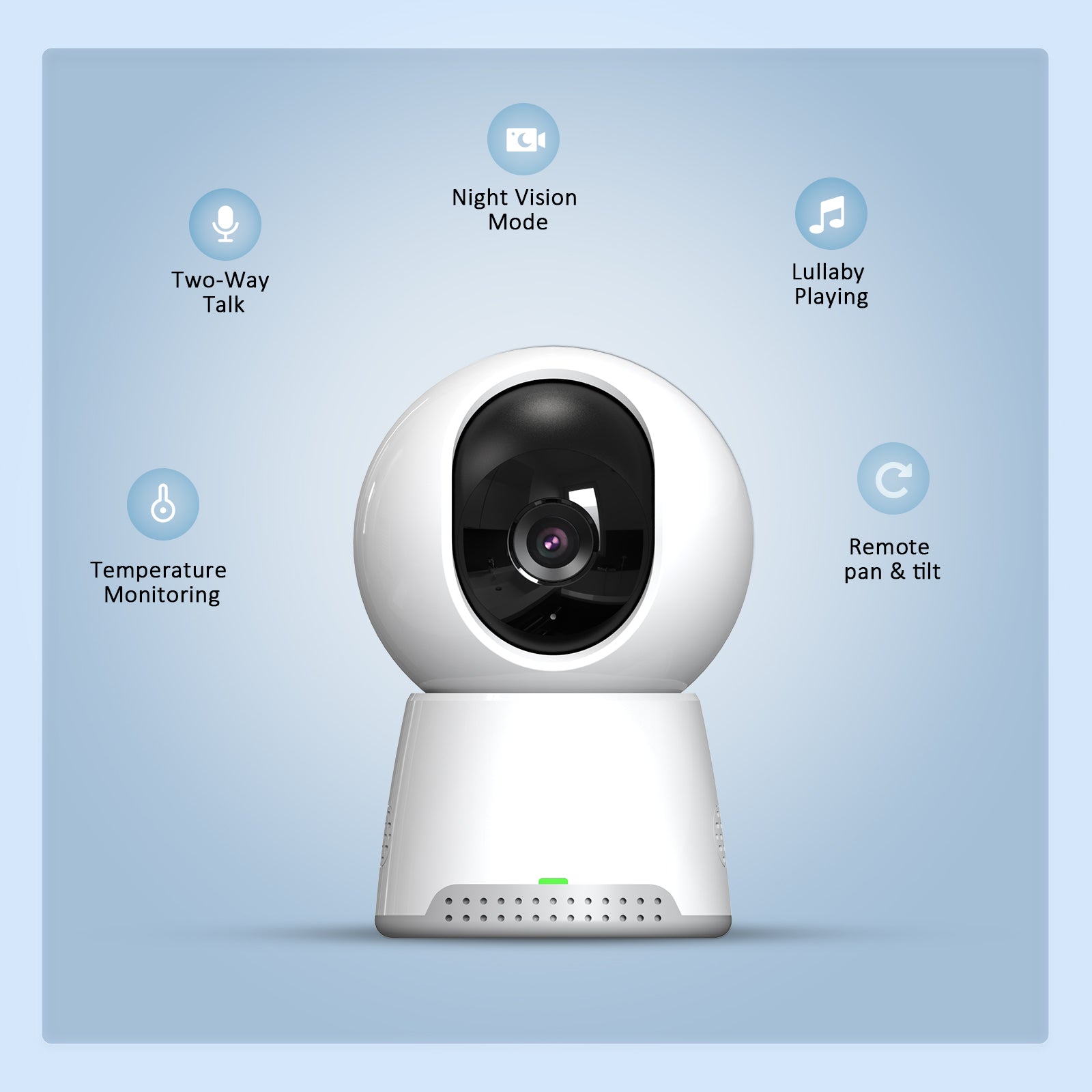 Baby camera features Night Vision, Two-Way Talk, Temperature Monitoring, and more