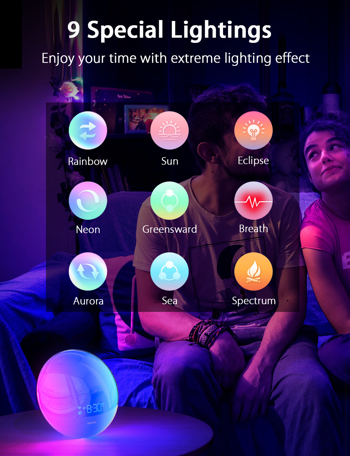 Alarm Clock with 9 light effects, including Rainbow, Neon, Aurora, Sun, Greensward, and more.