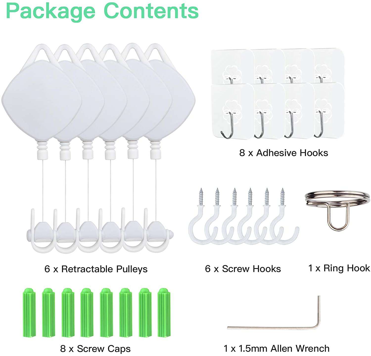 Items included in the package: Adhesive Hooks, Retractable Pulleys, Screw Caps, Screw Hooks, etc