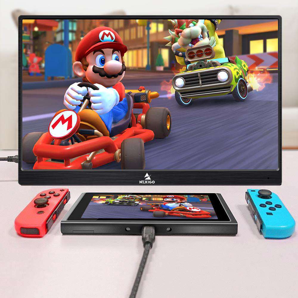Portable monitor displaying Switch game on screen when they are connected.