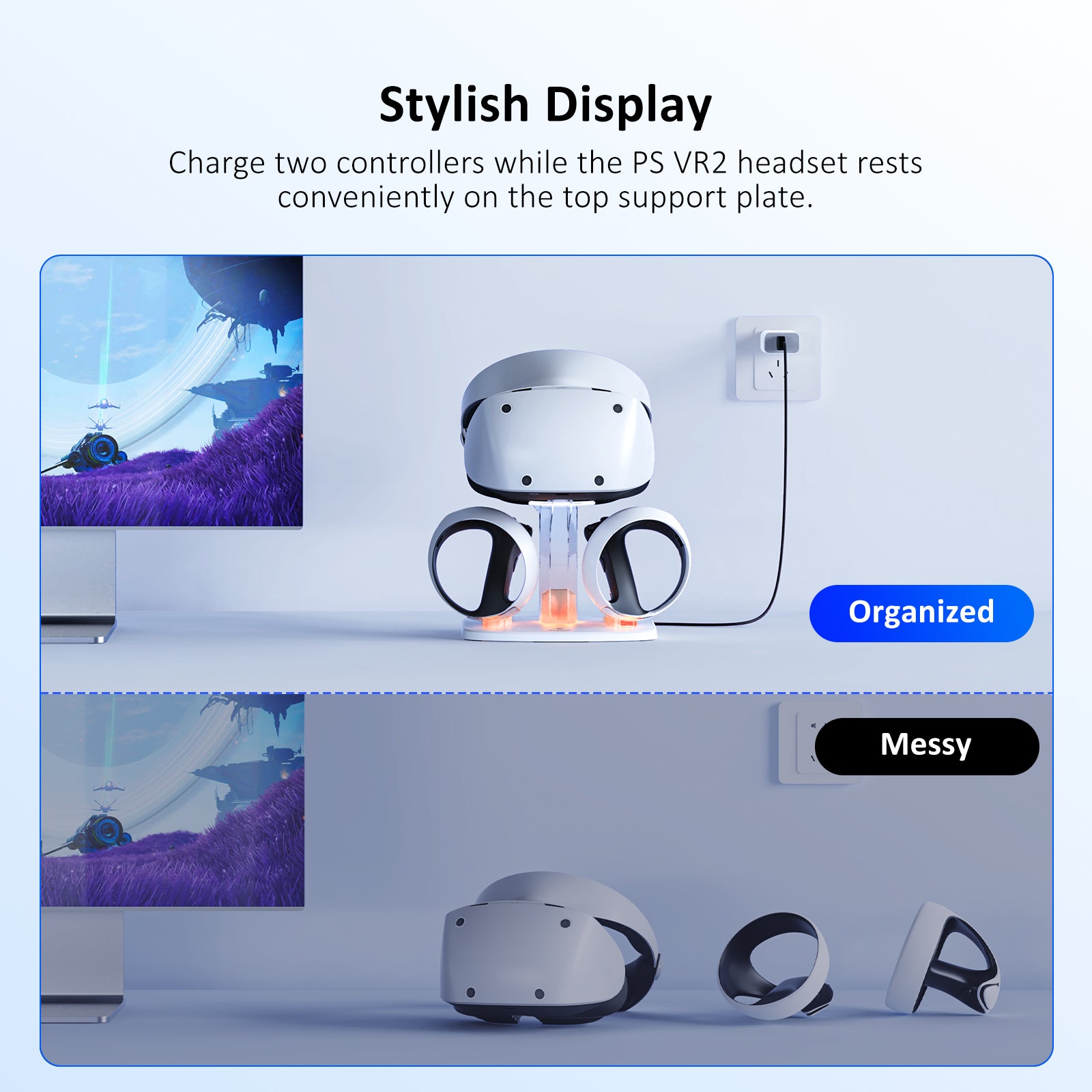 Charging Station vs. Messy Setup: Charging Station offers a more neat and organized appearance.