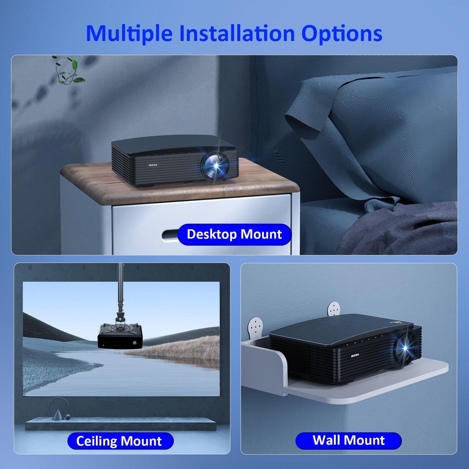 Multiple installation options are available, including desktop, ceiling, and wall mounting.