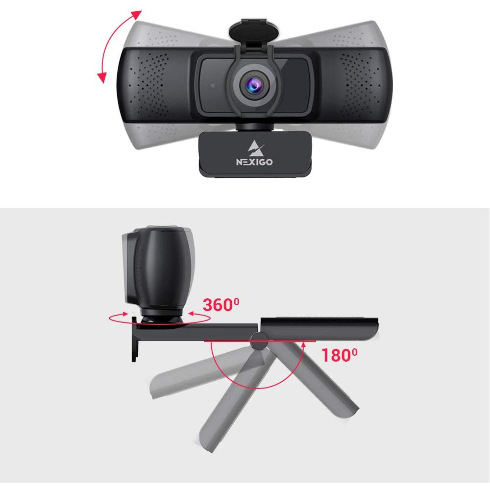 Webcam rotates 360 degree left/right; camera clip can open up to 180 degree.
