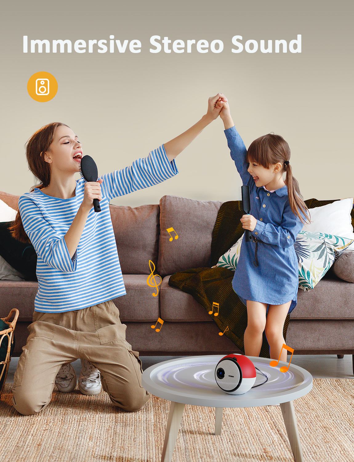 A mom and her daughter are listening to music played through the projector in the living room.