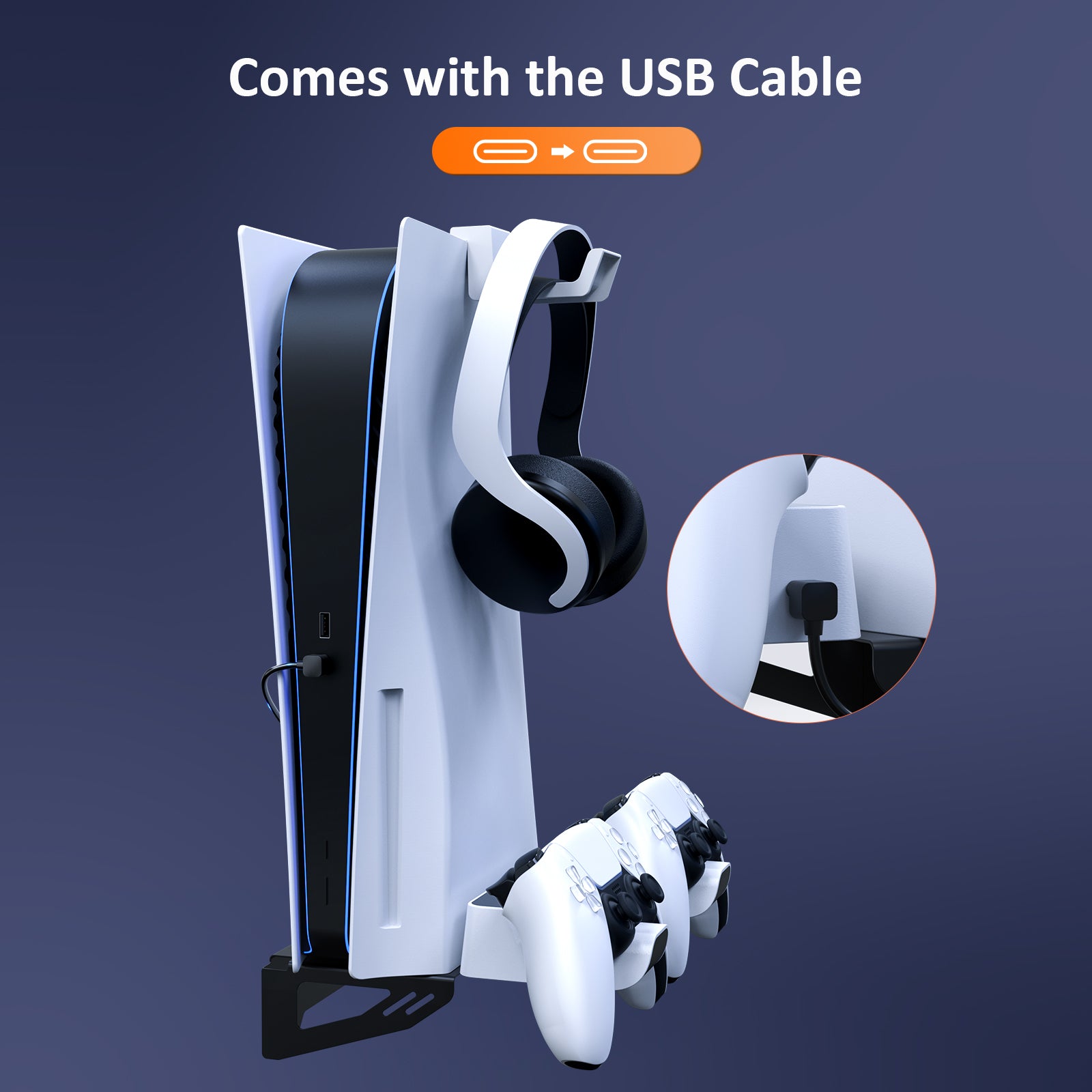 Includes Type-C to Type-C cable for power connection between PS5 and charging station.