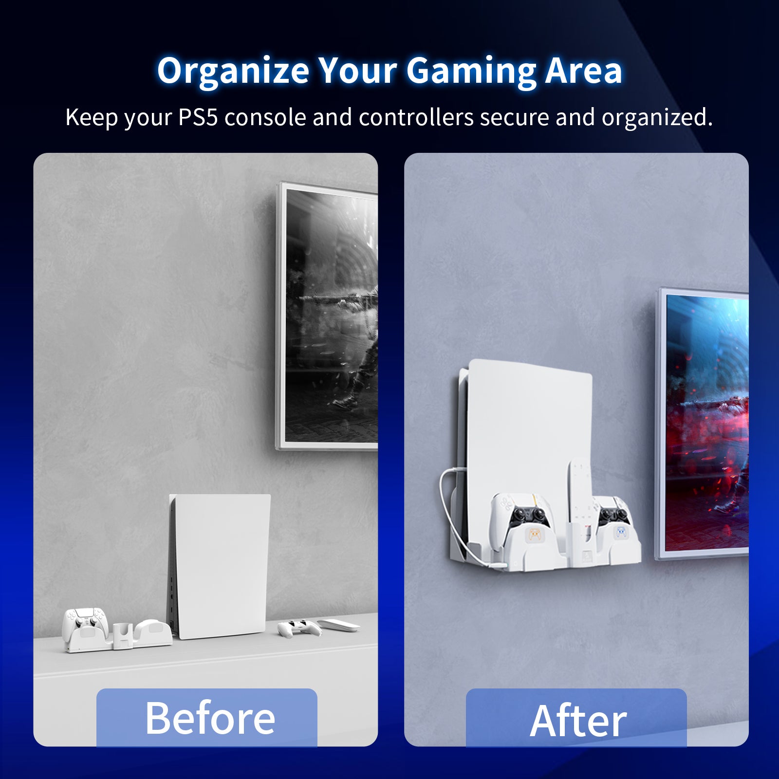 The PS5 wall mount keeps your console and controllers secure and organized. 