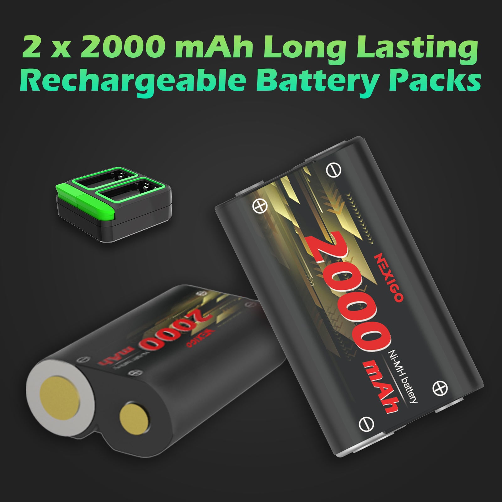 Equipped with 2x 2000mAh batteries and 1 Xbox charging station, durable and long-lasting. 