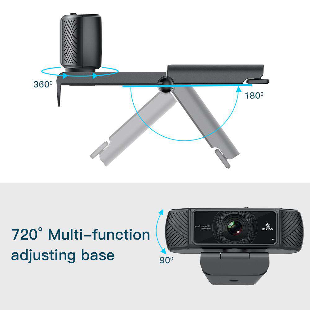 Webcam rotates 360 degrees left/right; webcam clip can open up to 180 degrees.