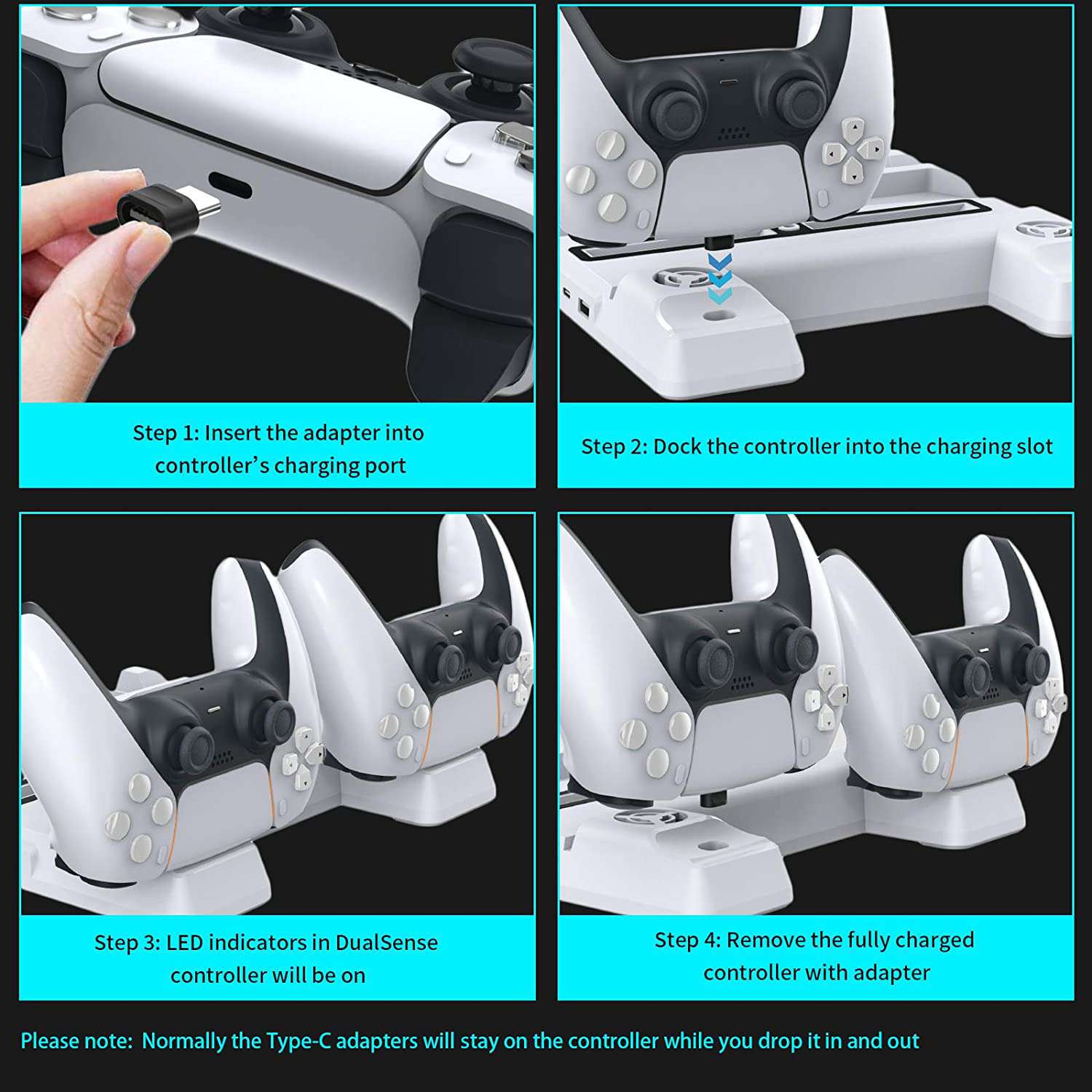 Connect the adapter to the controller's charging port and dock it in the charging slot.