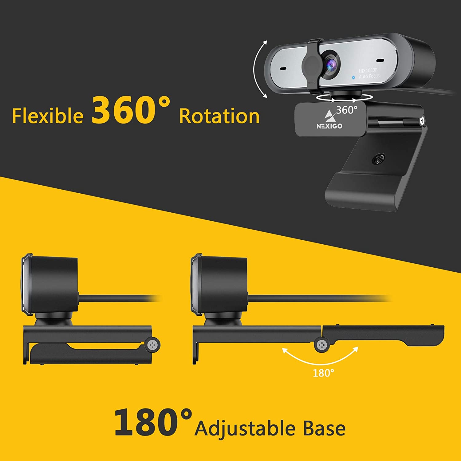 Webcam rotates 360 degree left/right; webcam clip can open up to 180 degree.