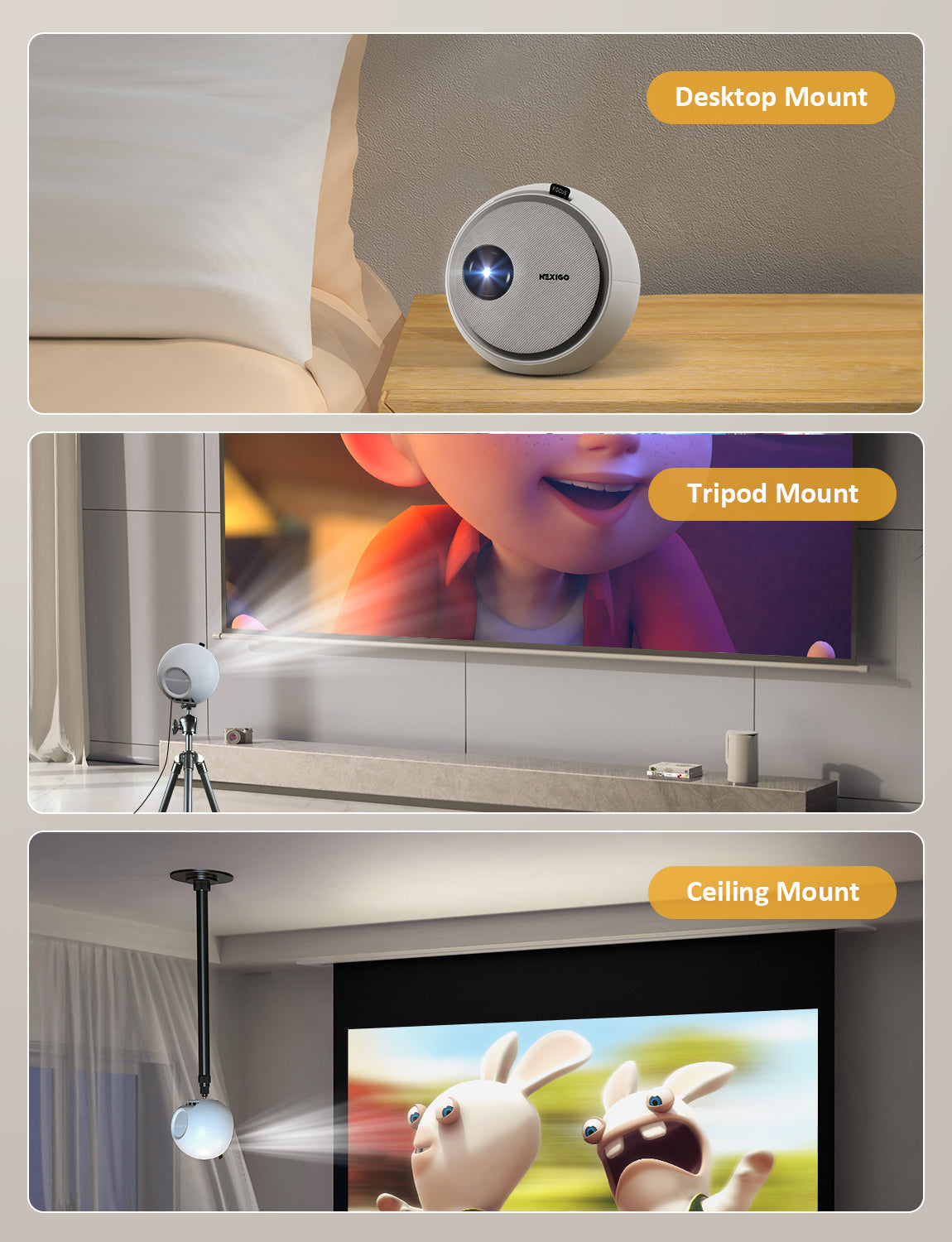 The projector can be installed on the ceiling, on a tripod stand, or on a tabletop.