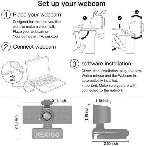 Webcam plugs and plays: 1. Set up the camera, 2. Connect the webcam cable to the computer.