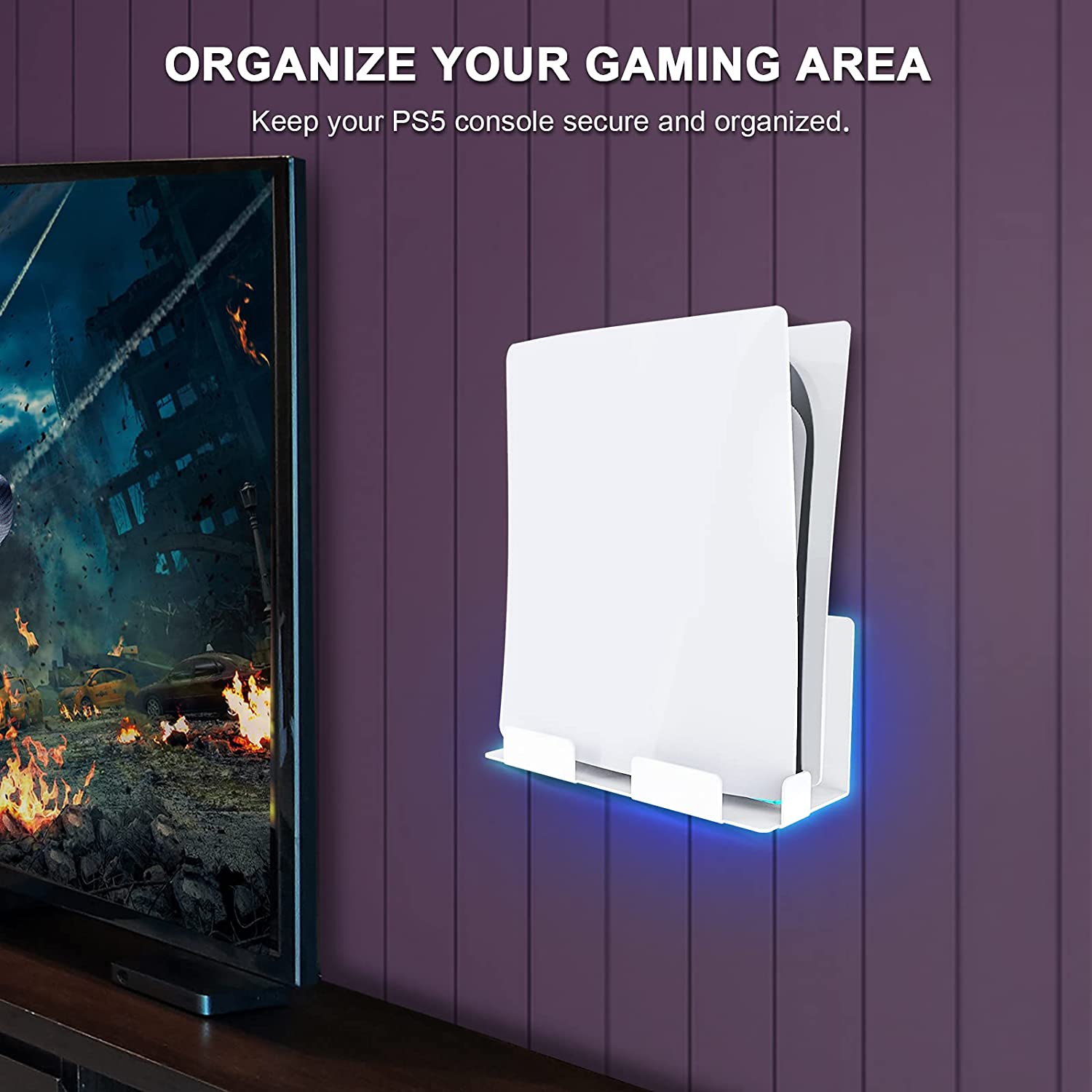Shows a scene with the PS5 placed on a wall mount to help you keep your gaming area organized.