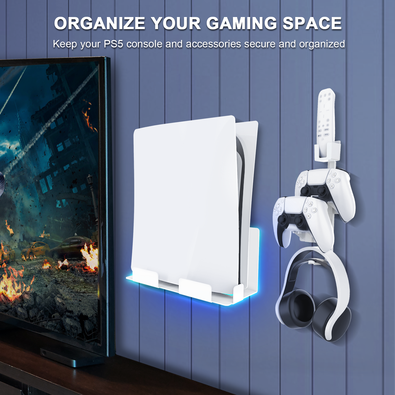 Tidy gaming setup: PS5, controllers, and headphones on the wall mount kit.