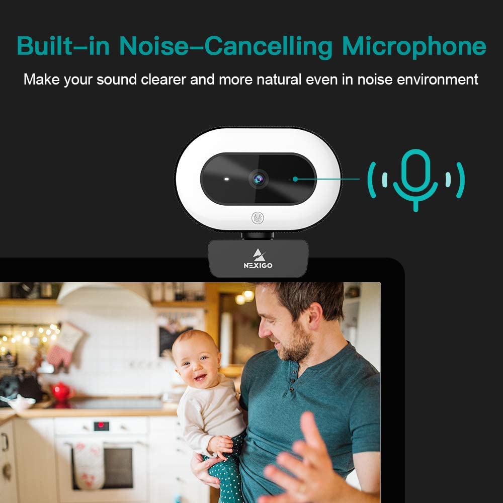 The webcam features a built-in noise-canceling mic for clearer sound.