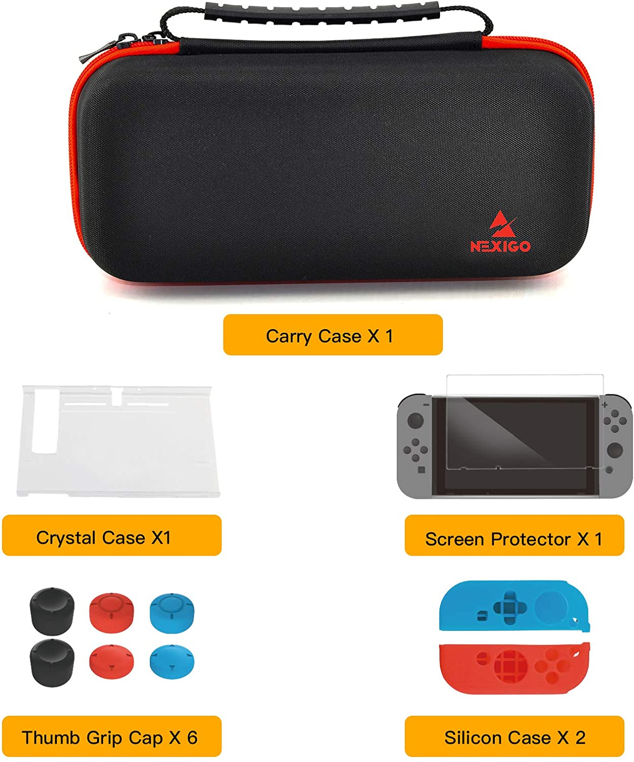Package includes carrying case, screen protector, 2 silicone cases, 6 joystick caps, and acrylic cover.