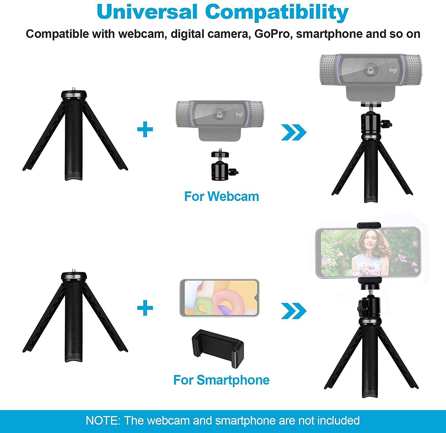 Works with webcams and smartphones. Adjustable mounting screw and phone clamp.