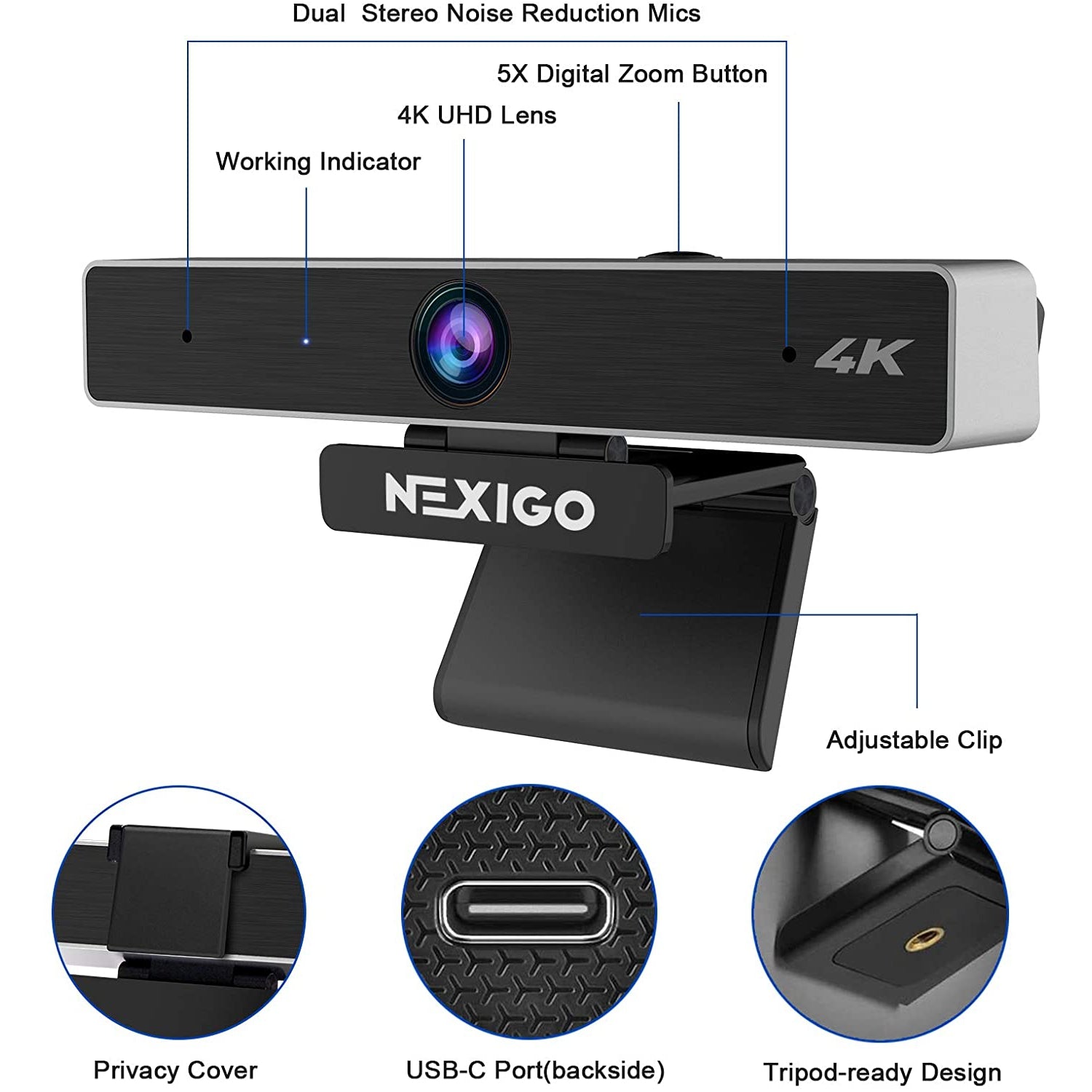 Webcam showcasing details: Privacy Cover, USB-C Port (backside), Tripod-ready Design