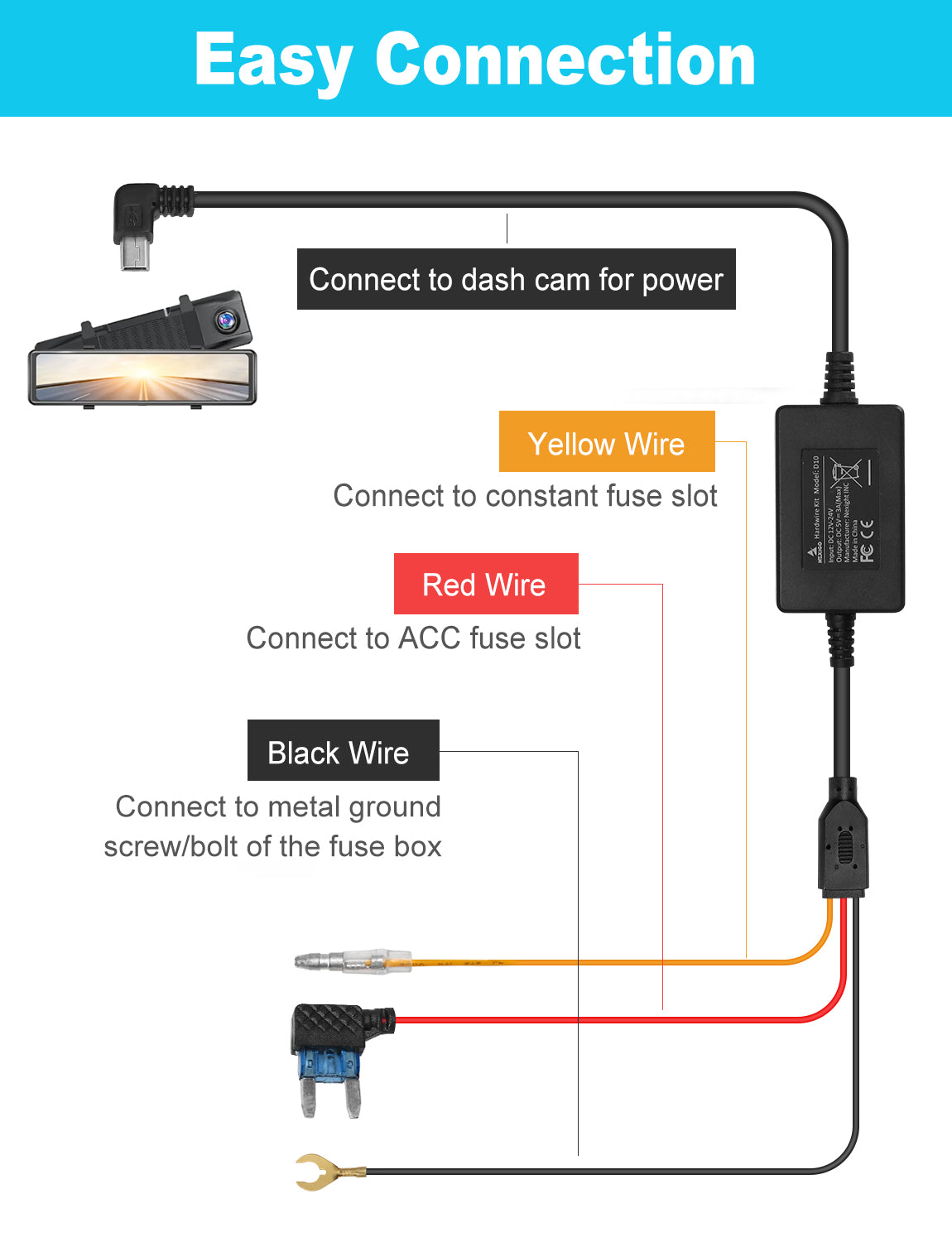 Yellow wire to constant fuse slot, red wire to ACC fuse slot, black wire to metal ground screw.