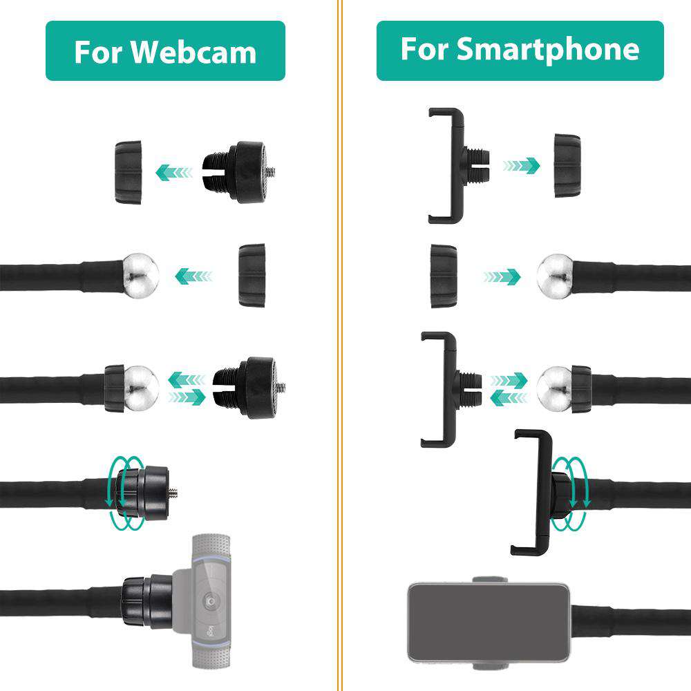 The stand supports both webcam and mobile phone, come with different types of stand heads.