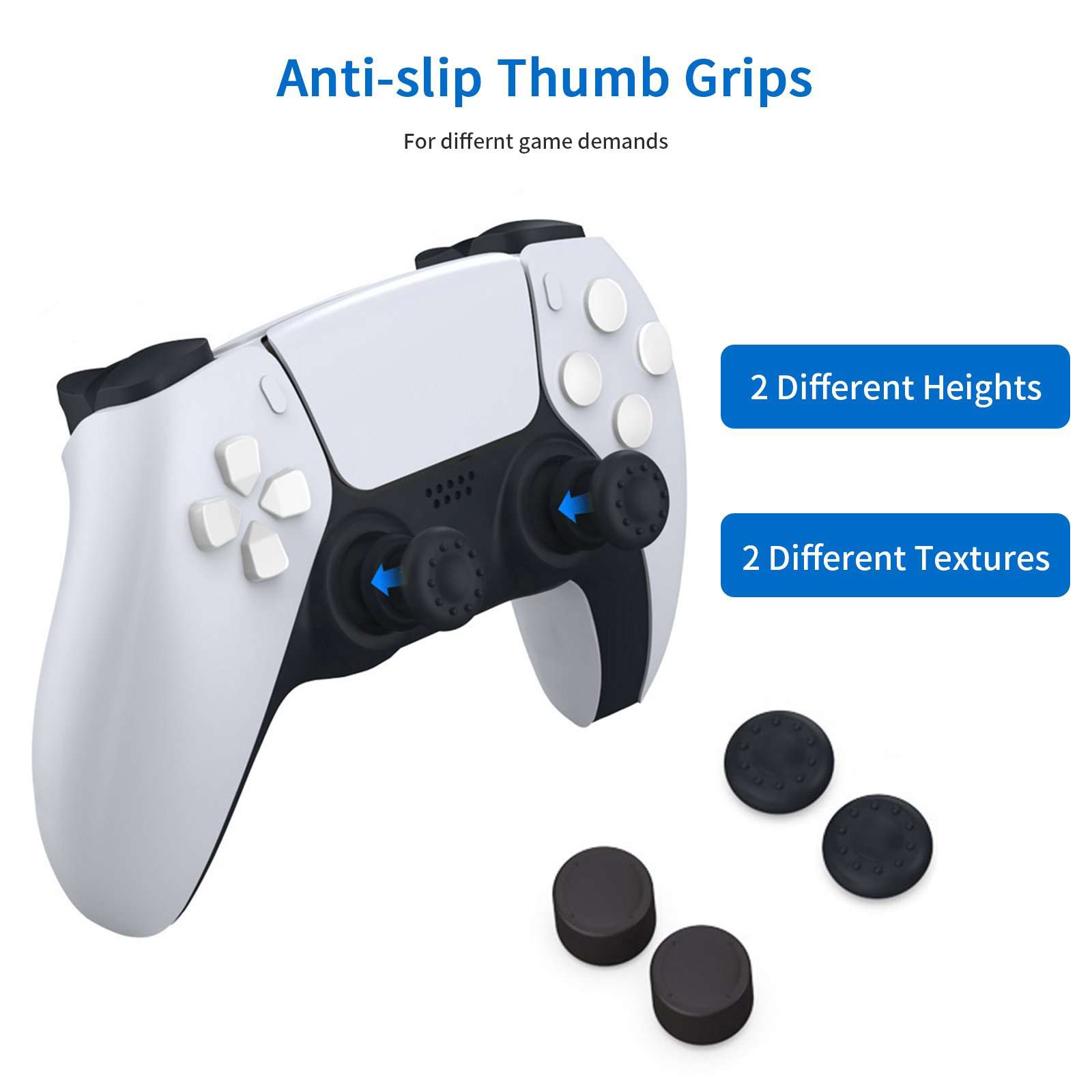 Package includes PS5 controller compatible Thumb Grips with 2 Heights and 2 Textures