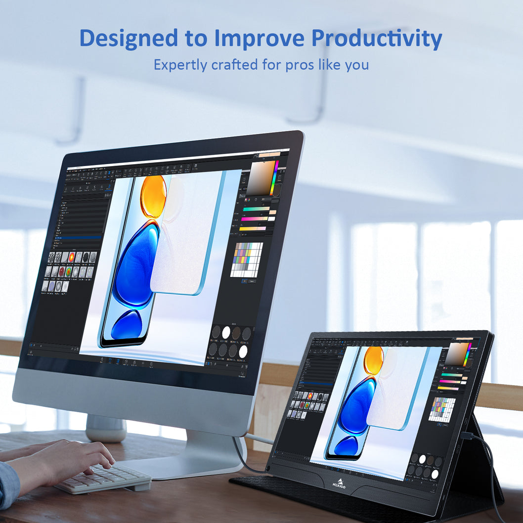 Portable Monitor enhances work efficiency by connecting to PC display via data cable.
