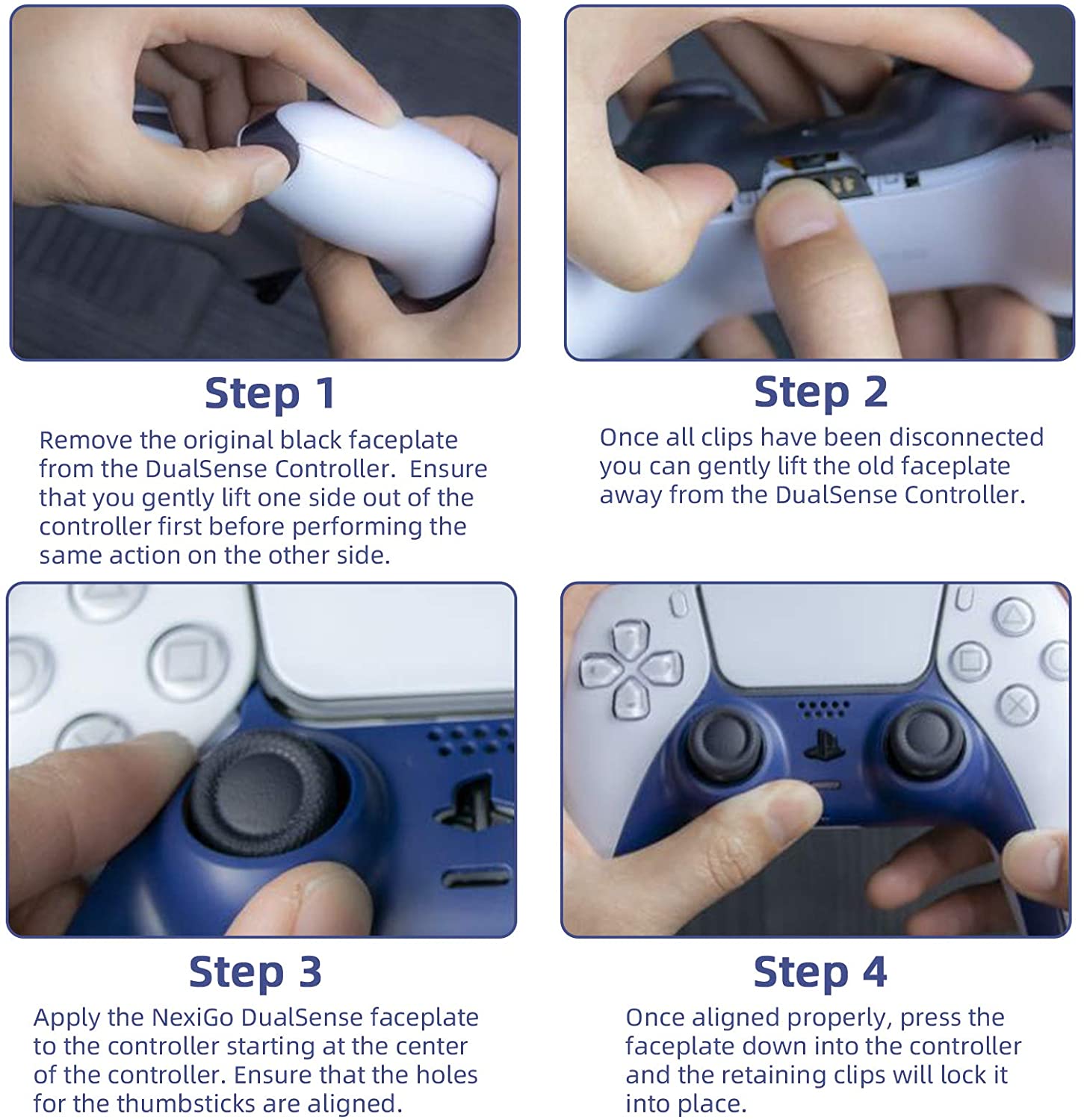 Remove the original PS5 controller faceplates and install NexiGo's faceplates.