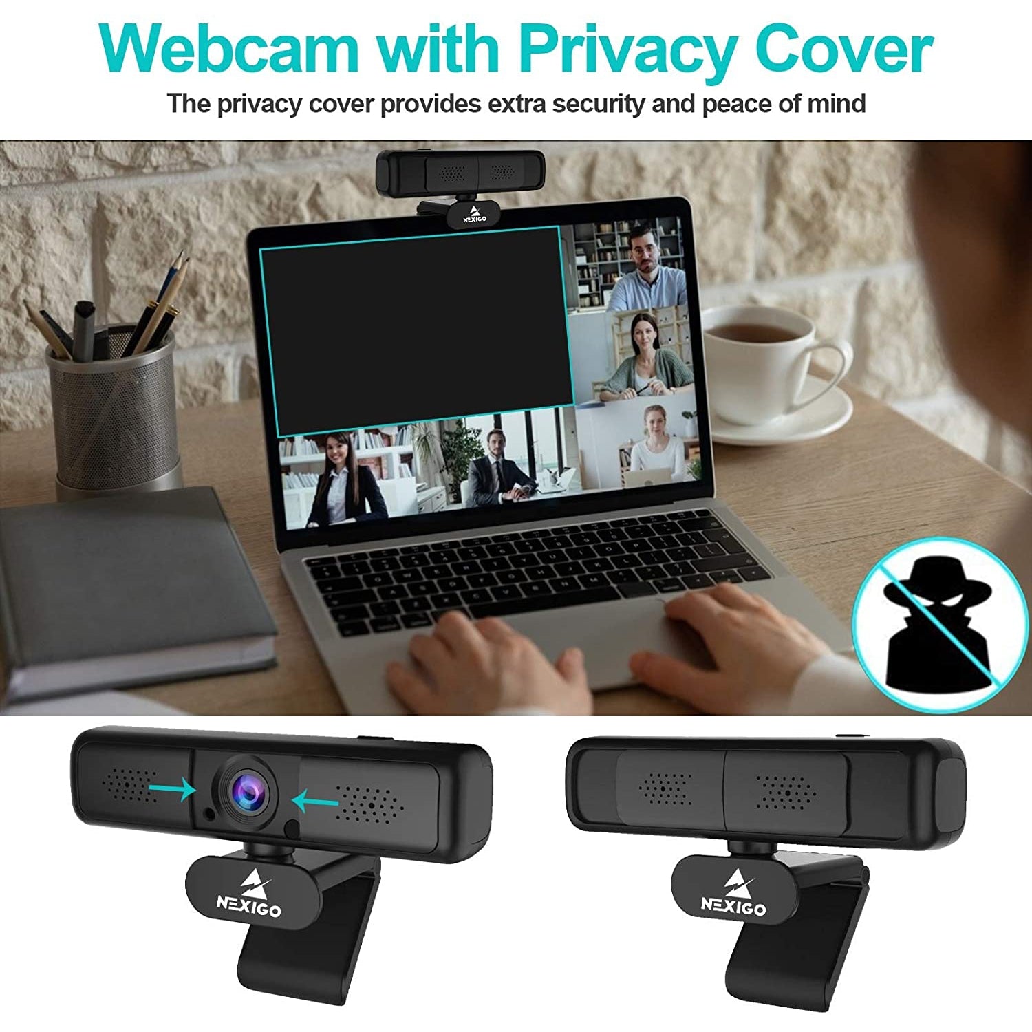 Webcam with privacy cover; cover on both sides, slides inward to conceal the lens.