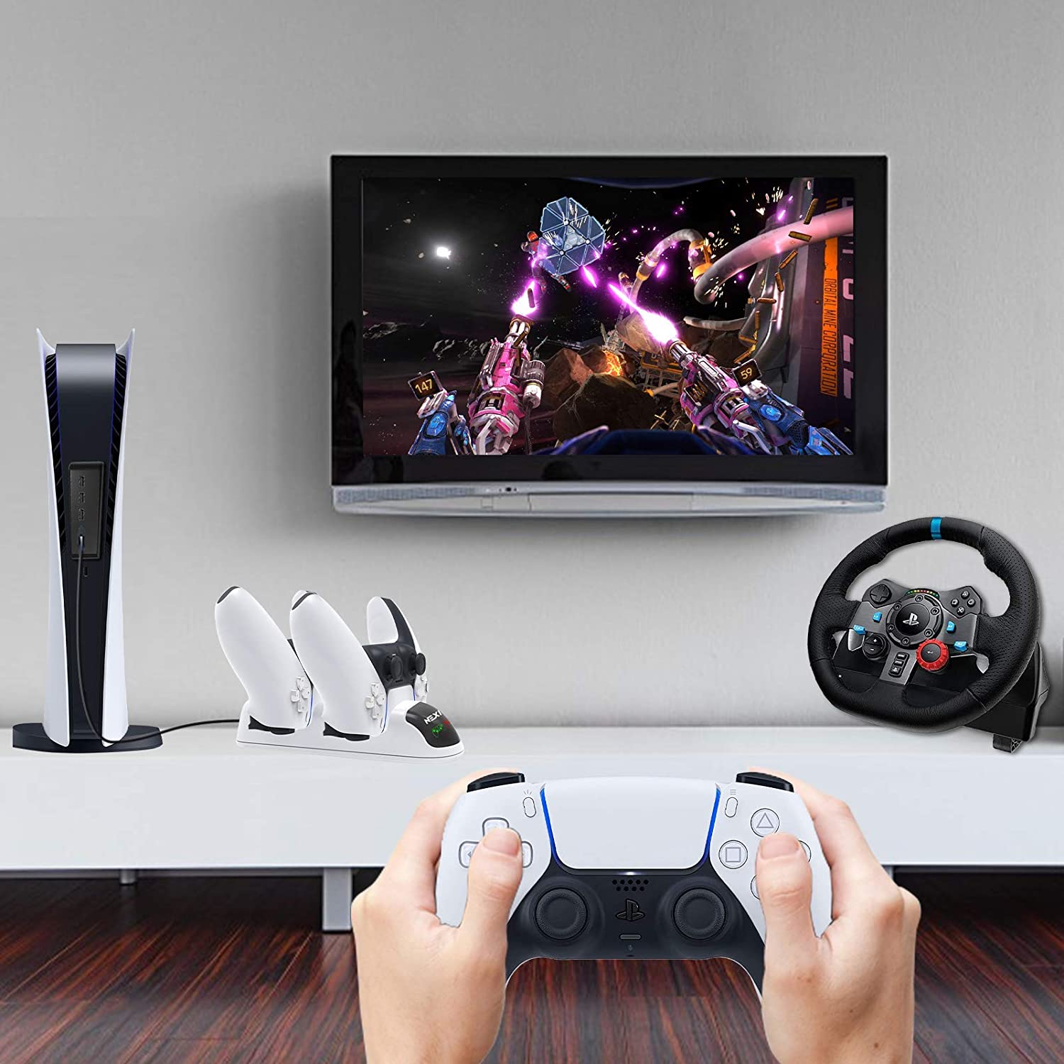 PS5 gaming in the living room, USB Hub charging controller.