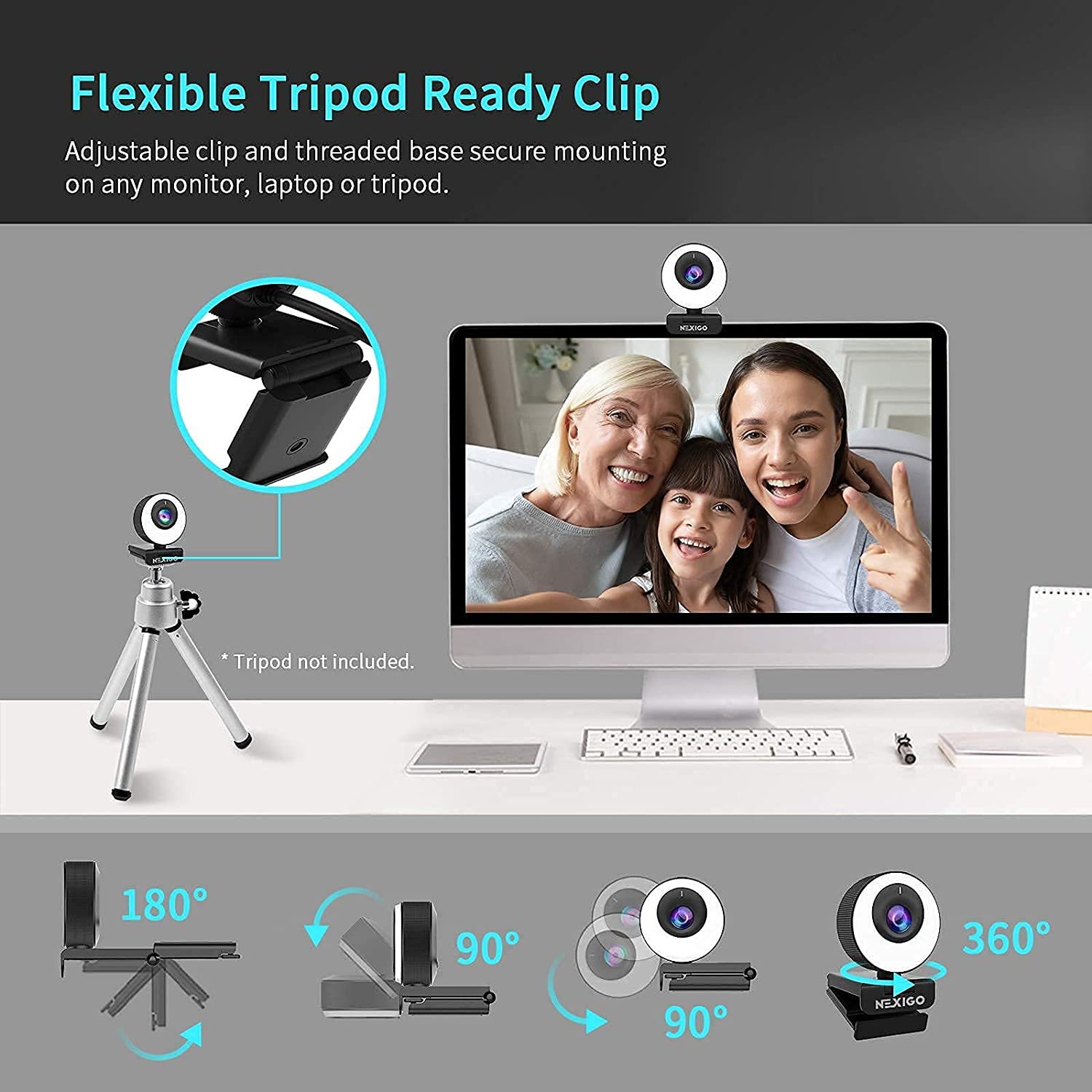 The flexible webcam adjustment can be fixed on a computer or tripod.