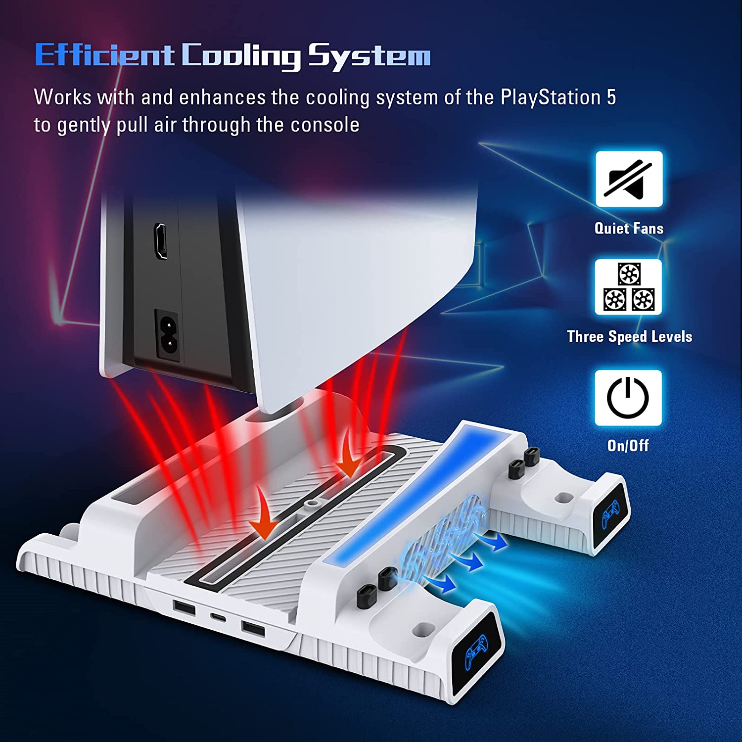 PS5 Vertical Stand with Switchable Cooling System, 3 Fan Speeds, Quiet Operation