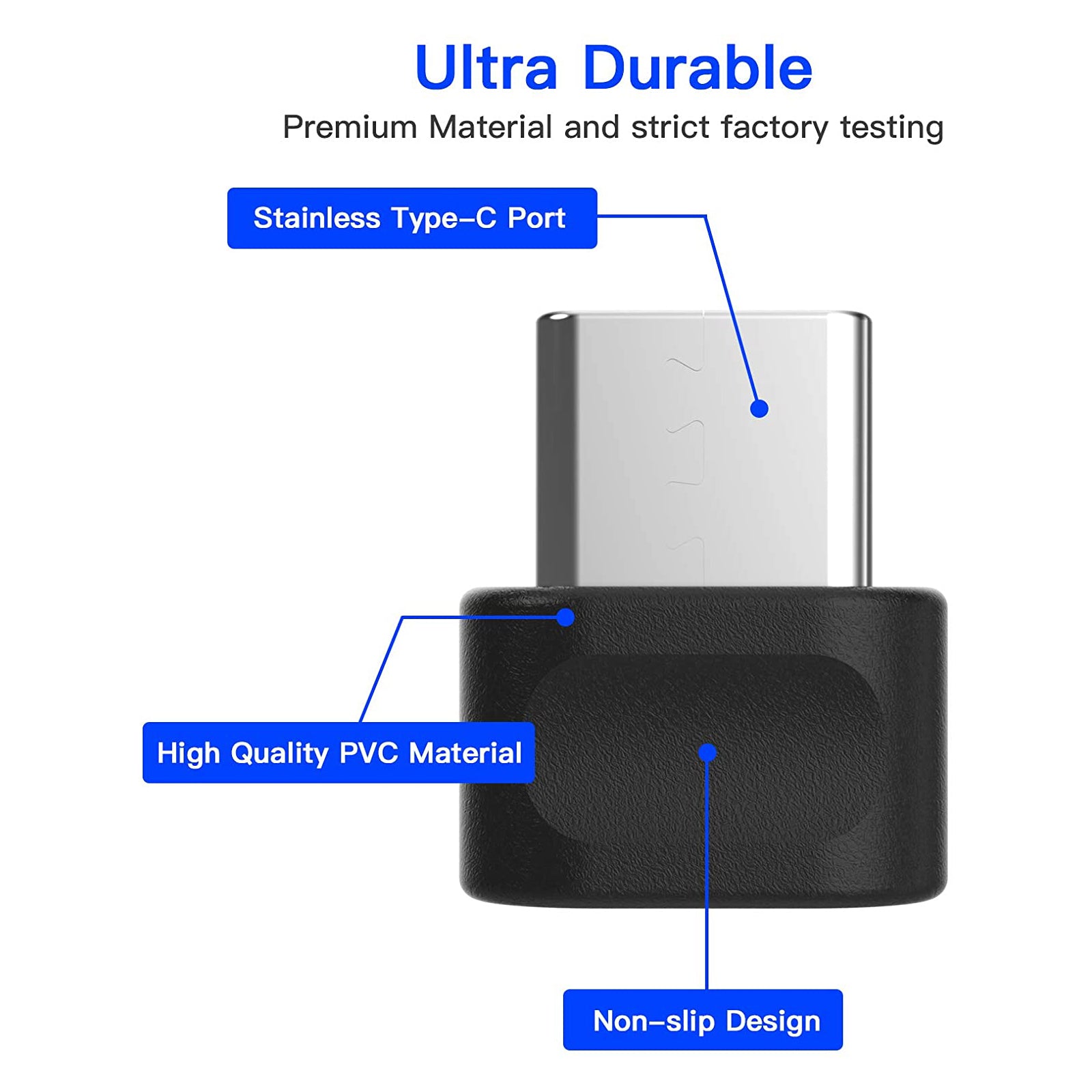 Type-C adapter is crafted with premium materials, including PVC and a stainless steel Type-C port. 
