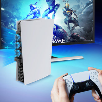 Model playing PS5 game with cooling fan attached to console, enhancing gaming experience. 