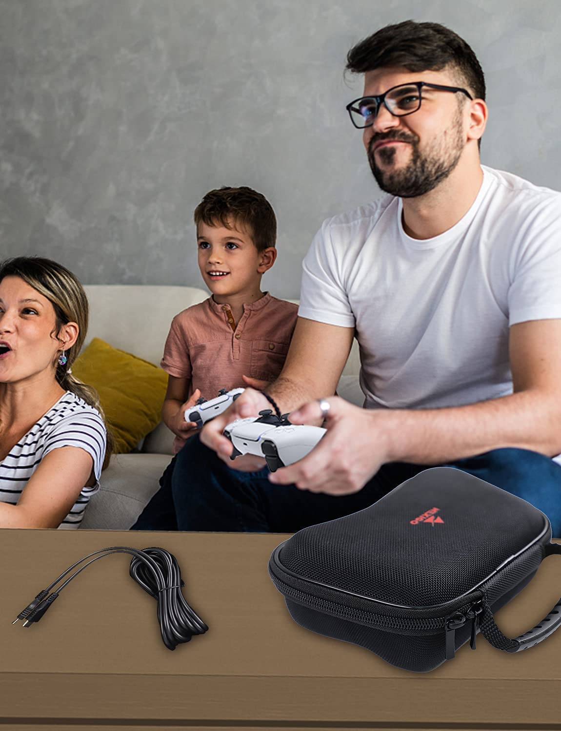 Shows a picture of a family scene using this NexiGo PS5 accessory kit