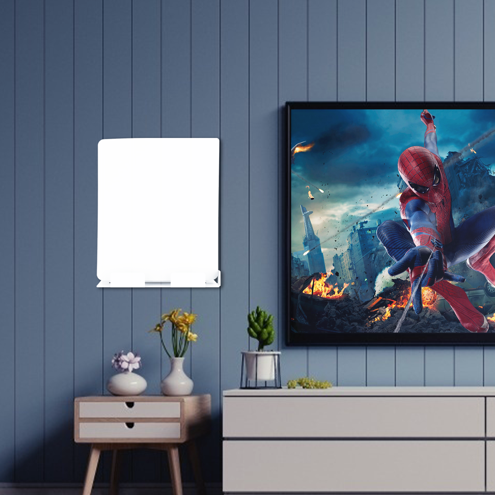 In a living room, a TV mounted on the wall, with a PS5 wall mount on the left side.