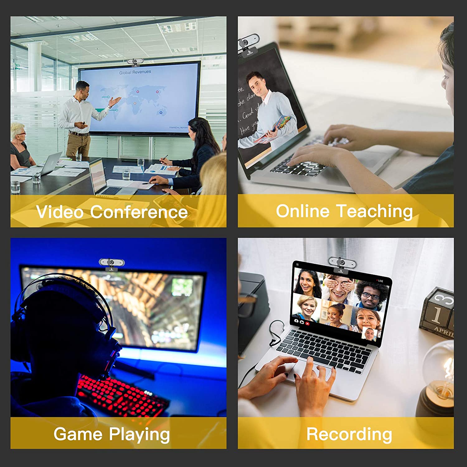Four versatile applications: Video Conference, Game Playing, Online Teaching, Recording